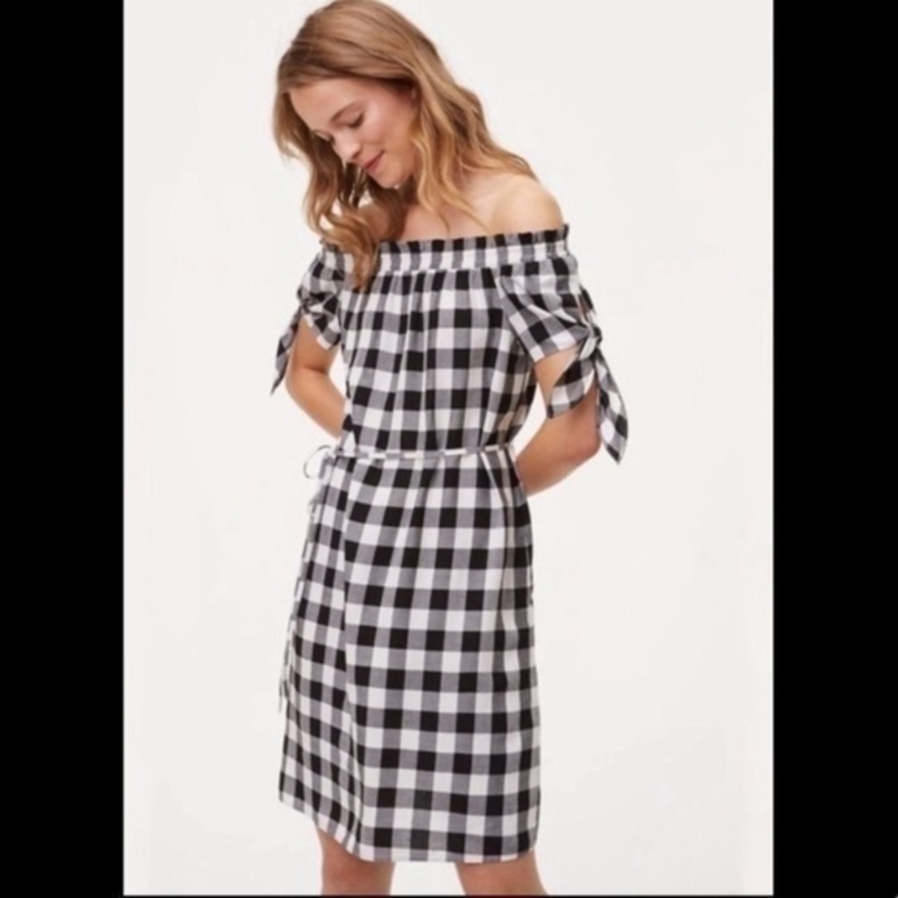 Loft black white gingham off the shoulder dress